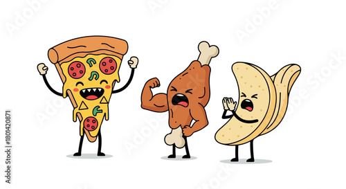 Pizza, chicken, and fries characters with transparent background