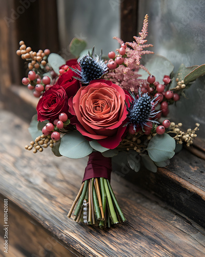 Beautiful bouquet of red and pink flowers with greenery resting against a wooden window frame in natural light 