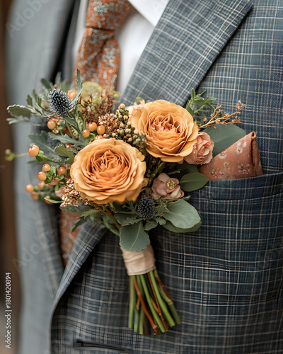 Beautiful floral boutonniere featuring soft orange roses and greenery on a groom's suit in an elegant setting 