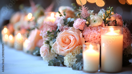 Beautiful floral arrangement with soft pink roses and candles at an evening celebration 
