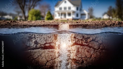Water source underground: An artistic perspective unveils an underground water source, cascading through the earth and sustaining the above-ground elements such as the house