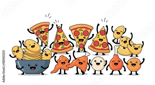 Happy food characters pizza pasta chicken with transparent background