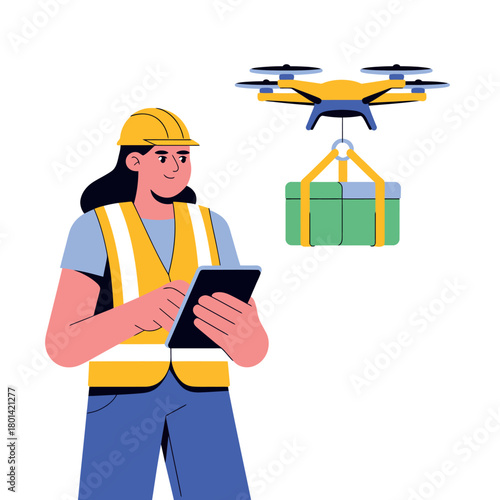 Woman in hard hat and safety vest controlling drone delivery with tablet