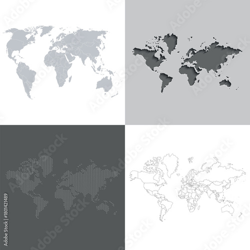 A collection of political paper maps of the world. A set of black and white map outlines.