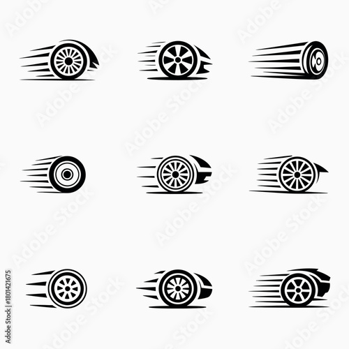 Collection of stylized car wheels and motion blur effects
