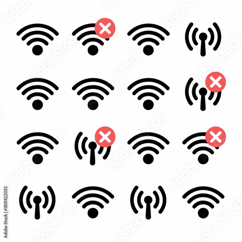 Collection of wi fi signal icons with some showing connection errors