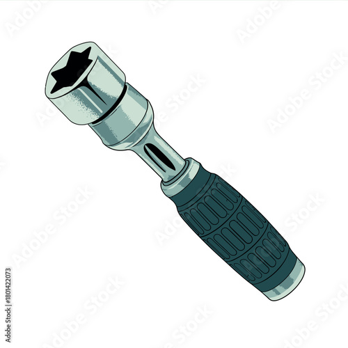 Chrome socket wrench with black textured handle isolated on white background