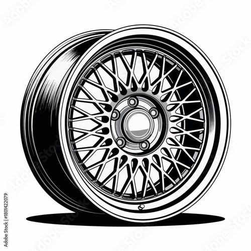 Detailed illustration of a classic wire wheel rim on a white background