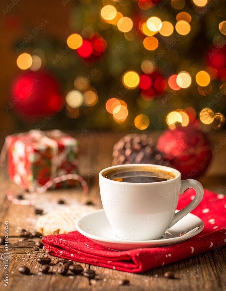Fototapeta premium White Coffee Cup on Rustic Table with Christmas Bokeh