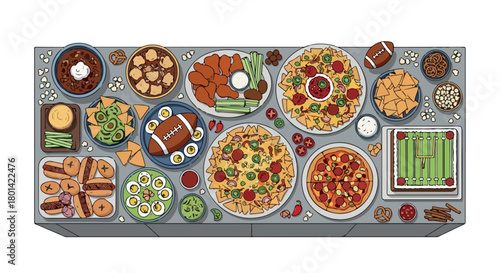 Football party food spread on a table