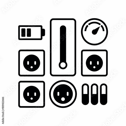 Collection of electrical icons including outlets battery gauge and switch