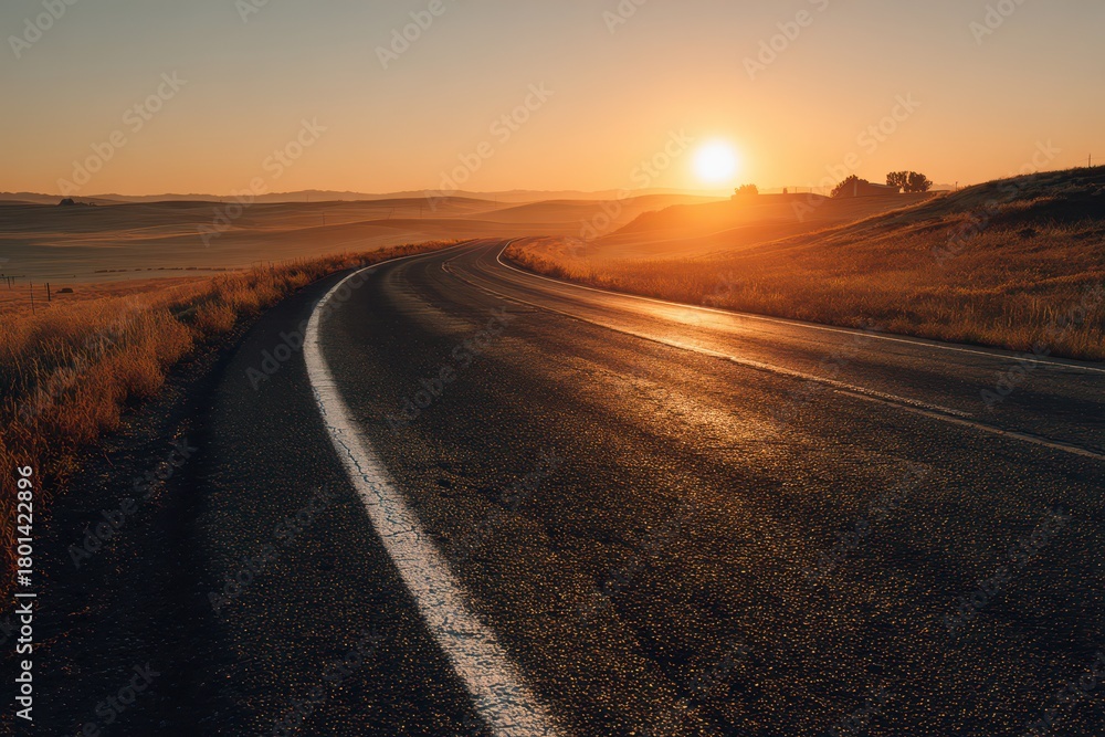 Fototapeta premium Sunrise light on a tranquil country road with expansive farmland