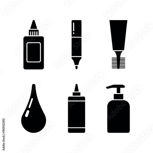 Collection of black silhouette icons representing various liquid containers and applicators