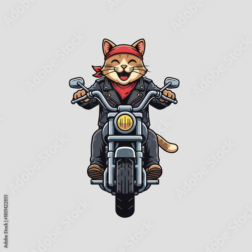 Biker cat mascot cartoon riding a motorcycle, wearing a leather jacket and red bandana.