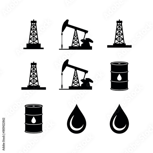 Collection of black oil industry icons including rigs barrels and oil drops