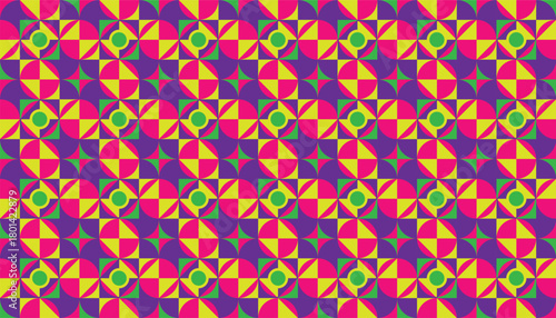Bright geometric pinwheel pattern with repeating circular shapes in magenta, yellow, green, and purple. Ideal for backgrounds, prints, and vibrant decorative designs