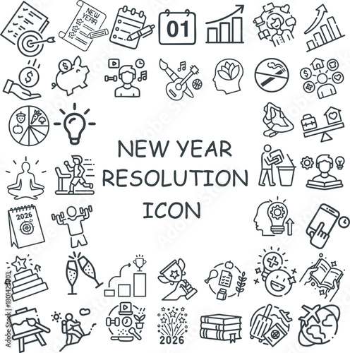 Trendy happy New Year resolution icon doodle featuring wellness, fitness, productivity, finance, travel, creativity, learning, and goal setting symbols. Perfect for planners, app, branding and design.