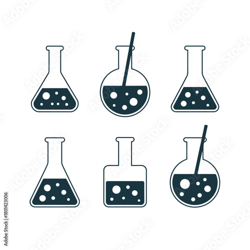 Set of six laboratory flasks with bubbling liquid and stirring rods