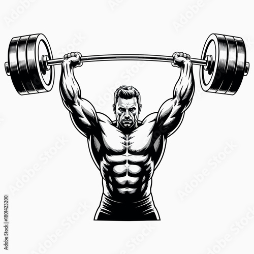 Muscular bodybuilder lifting heavy barbell overhead with determination