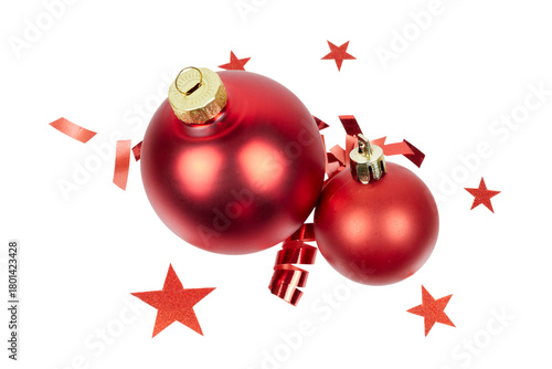 top view of red christmas balls with gift ribbon and glitter stars decoration or ornament isolated on white or transparent png