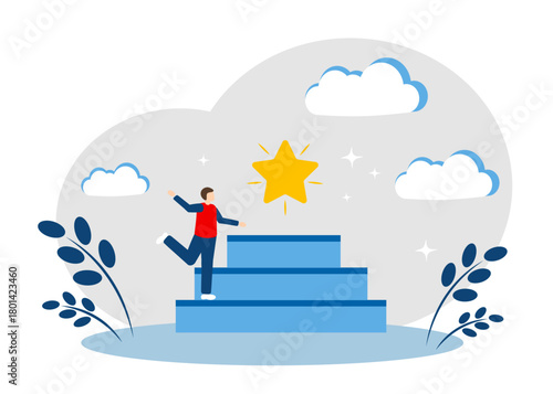 A man, steps and a star. The concept of achieving a goal, fulfilling a desire, career growth
