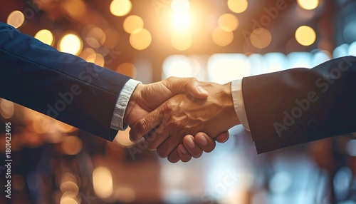 Business handshake symbolizing agreement and partnership with blurred background and bokeh