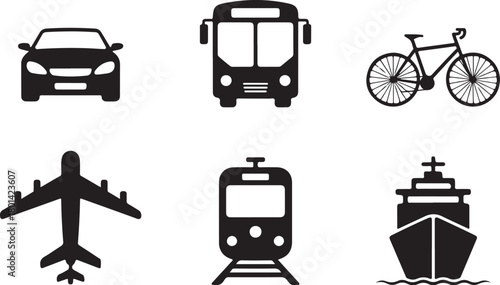 Transportation icons car, bus, train, bike, plane