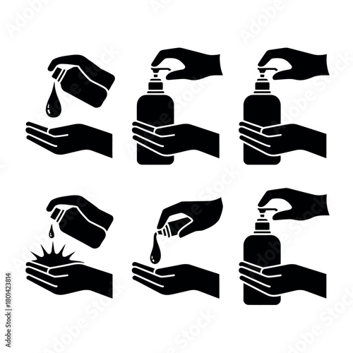 Set of six black silhouette icons showing hand sanitizer application steps