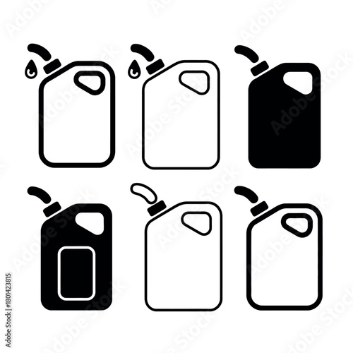 Set of six fuel canister icons in black and white with pouring liquid
