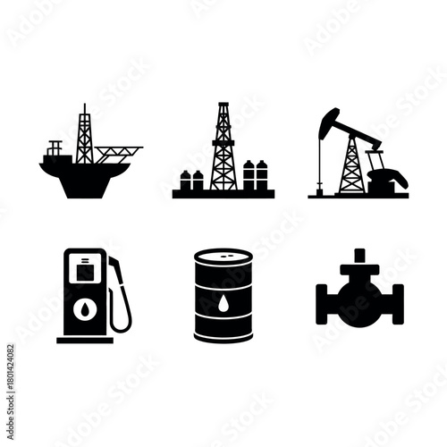 Set of black oil and gas industry icons on white background