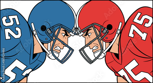 Football players facing off in a competitive game