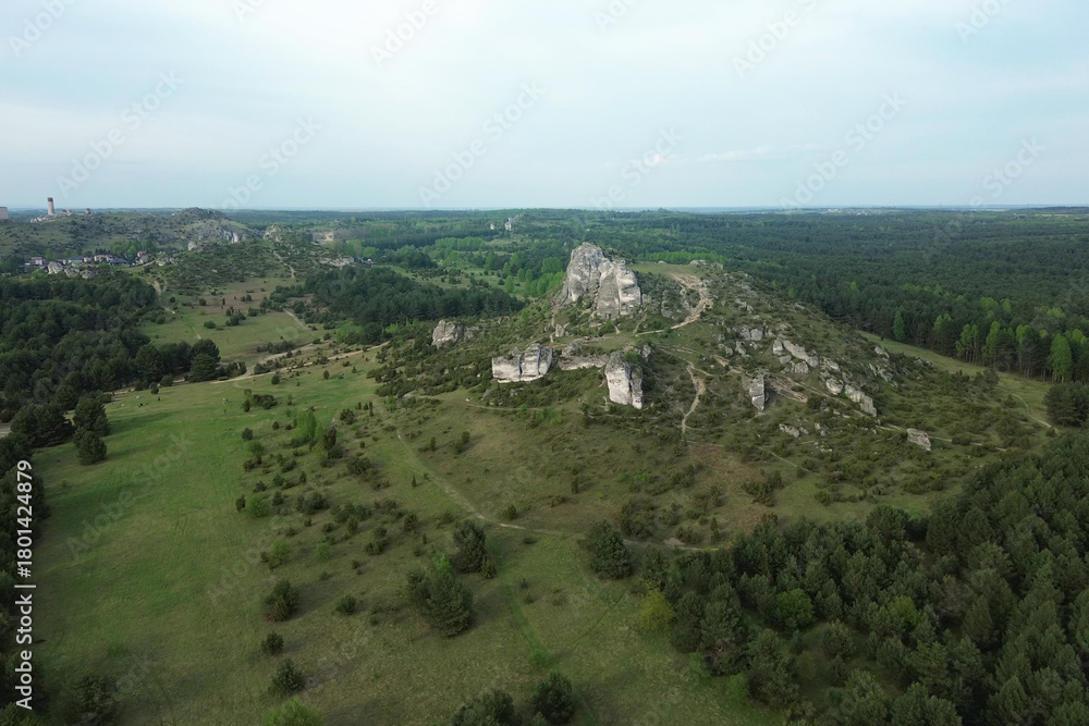 Obraz premium Forest-covered hills with exposed rock formation