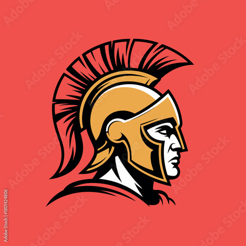 Warrior profile wearing ancient greek spartan helmet on red background