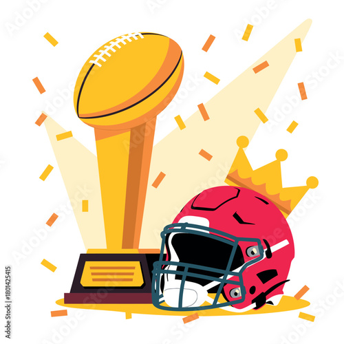 American football championship trophy helmet and crown with confetti