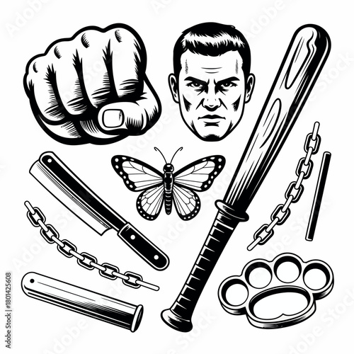 Collection of vintage style illustrations of weapons and a man s face