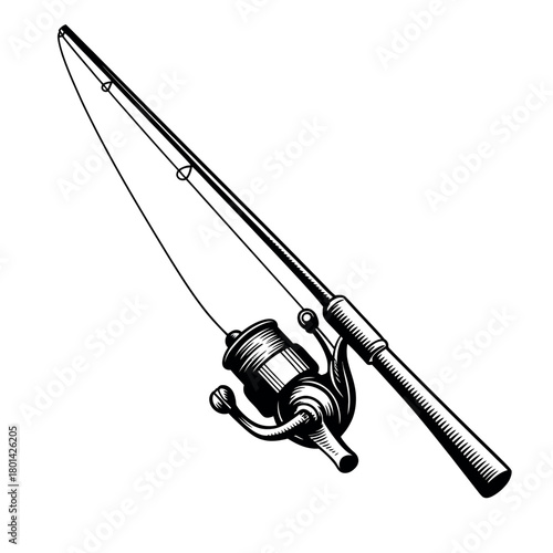 Vintage fishing rod and reel illustration in black and white