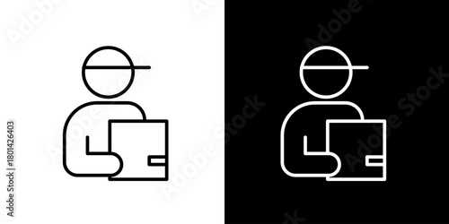Delivery Person Holding Package Line Art Icon Vector. Professional Courier Service and Shipping Logistics Symbol for Online Order and Express Mail