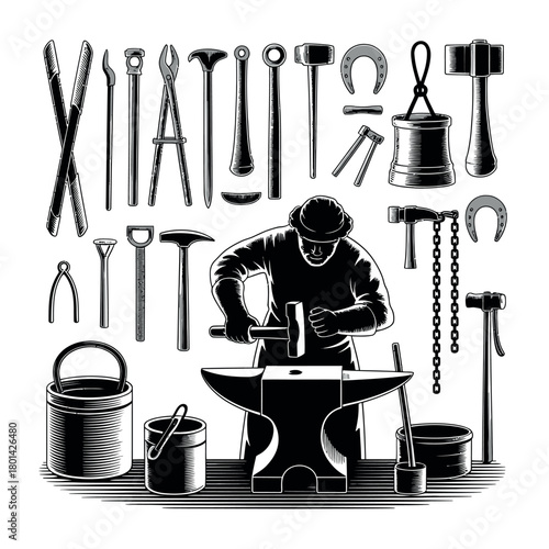 Blacksmith working at anvil with tools and horseshoes vintage illustration
