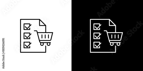 Purchase order checklist icon with a shopping cart, a simple line art vector symbol for e--commerce and online shopping applications