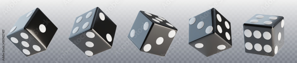 Naklejka premium 3D dice set with random numbers isolated on transparent background. Vector realistic illustration of black cubes with white dots for board games, casino, poker, gambling business, symbol of luck