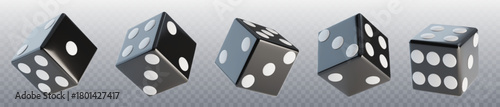 3D dice set with random numbers isolated on transparent background. Vector realistic illustration of black cubes with white dots for board games, casino, poker, gambling business, symbol of luck