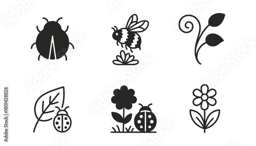 Vector icons of bugs and flowers for spring nature illustrations