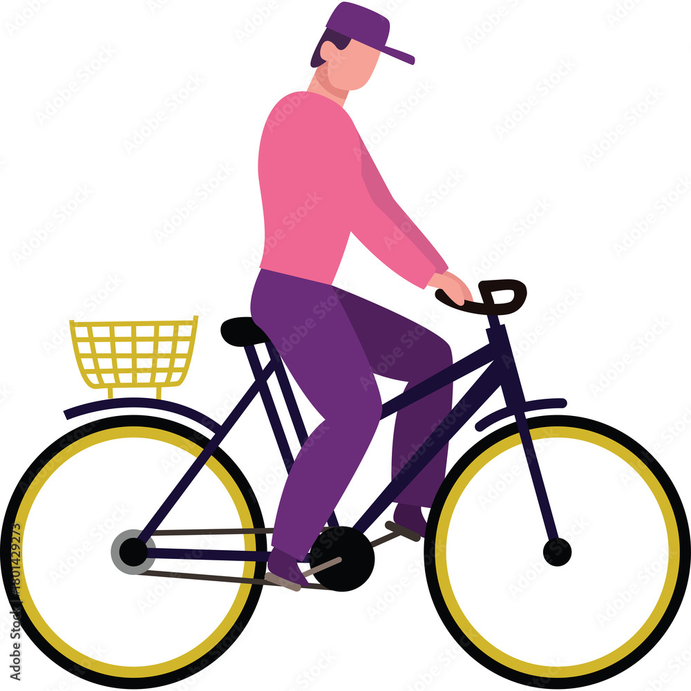 Obraz premium Flat design illustration of a man wearing a pink shirt and purple pants riding a bicycle with a yellow basket on the back wheel and a purple cap on his head against a white background