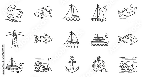 Collection of marine and nautical line art icons