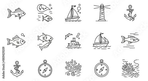 Collection of marine and nautical line art icons