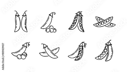 Peas vector icons set outline style fresh green pea pods food