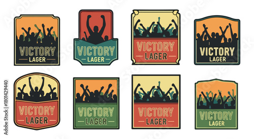 Victory lager badges with cheering crowd and beer mugs