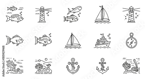 Collection of marine and nautical line art icons