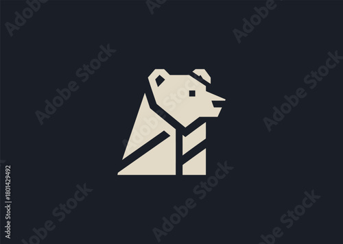A modern geometric bear logo made with clean angular lines and strong symmetrical shapes, symbolizing power, stability, and confidence, designed as a bold creative vector concept