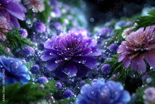 Colorful blooming flowers with dew drops in a vibrant garden setting